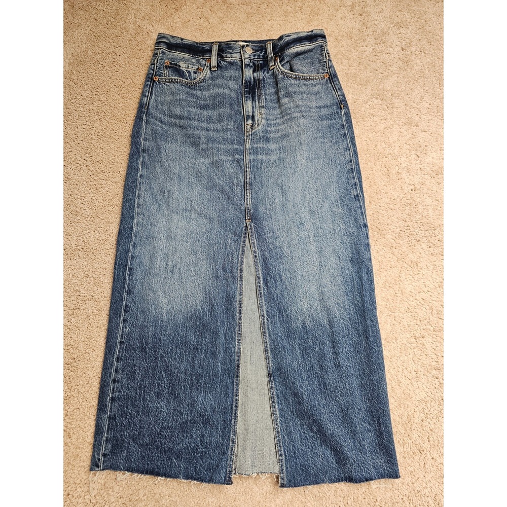 Pistola Bella High Rise Midi Skirt Front Slit Raw Hem Blue Size 28 festival